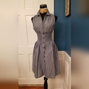 Paisley & ivory chambray blue cotton sexy smocked waist button front day dress L